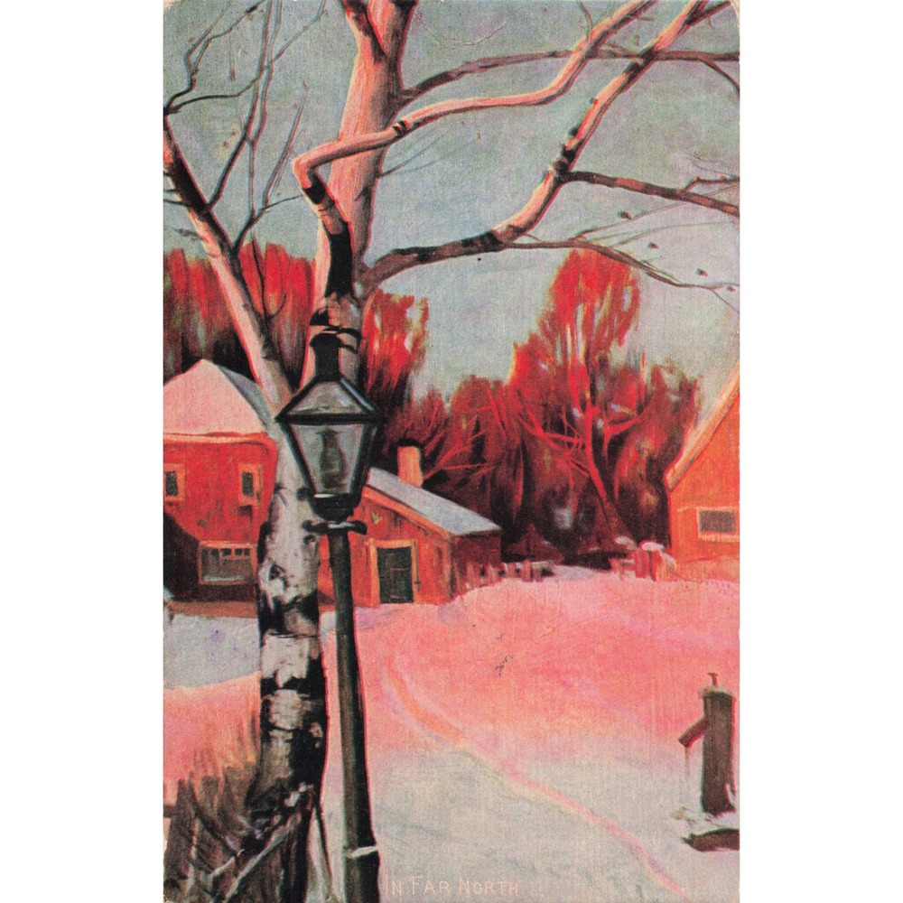 In Far North Winter Snow Village Antique Postcard c1908 American Art Street Lamp